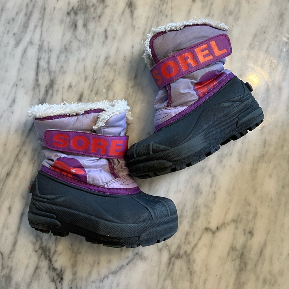 Sorel toddler girl snow boots in cute purple and coral